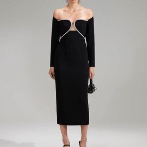 NWT Self-Portrait Black Off Shoulder Heavy Crepe Midi Dress